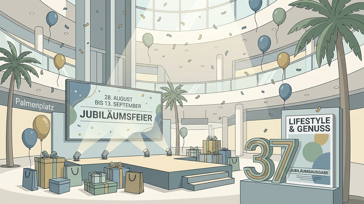 Jubiläumsfeier im Einkaufszentrum mit Bühne, Geschenken und Ballons