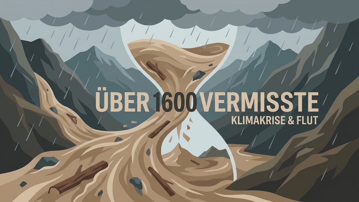 Klimakrise & Flut: Über 1600 Vermisste, stürmische Berge mit Starkregen und eine Sanduhr mit Schlamm.