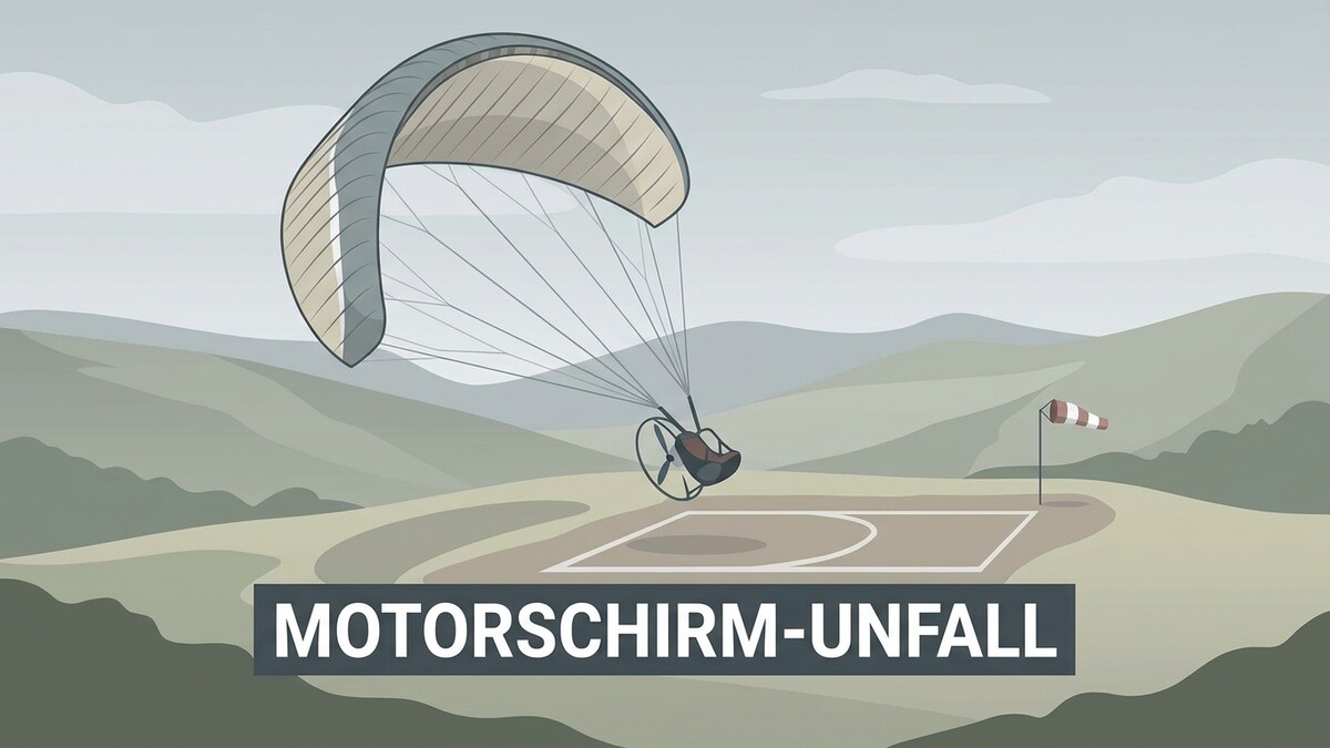 Motorschirm-Unfall über einem Landeplatz mit Windrichtungsanzeiger in bergiger Landschaft.