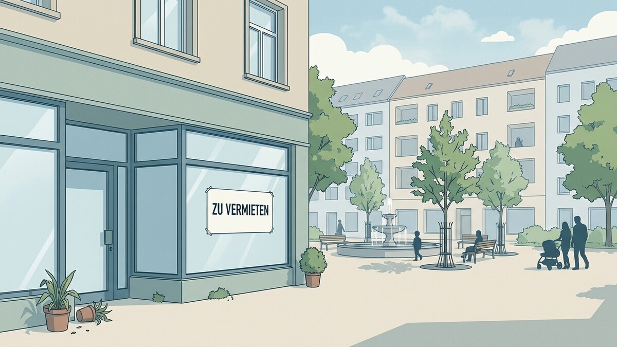 Geschäftslokal mit "Zu Vermieten"-Schild, davor ein Platz mit Brunnen und Menschen