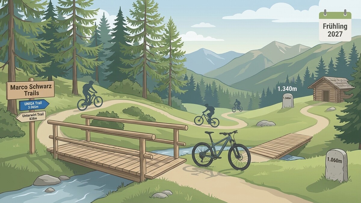 Marco Schwarz Trails: Mountainbiker auf Forstwegen in den Bergen, Frühling 2027