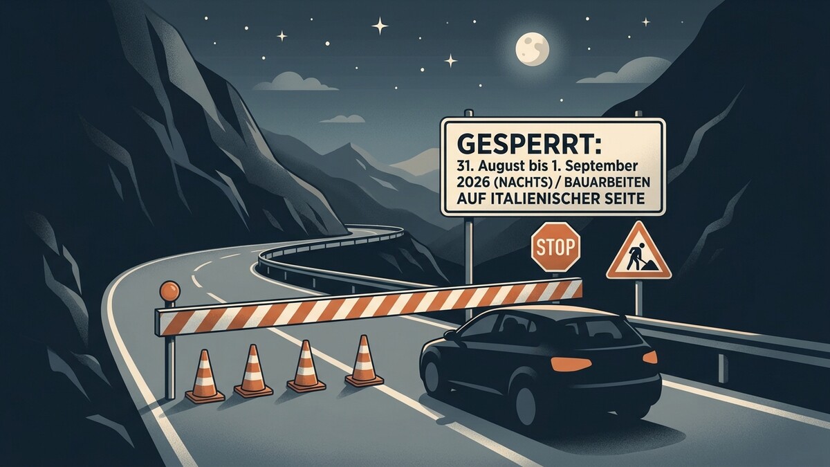 Straßensperre mit Schild "GESPERRT" auf italienischer Seite bei Nacht