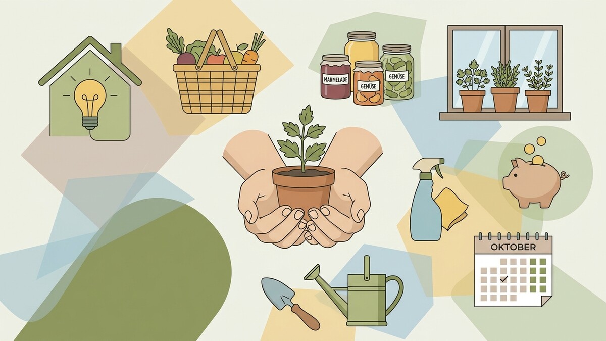 Gartenarbeit: Haus, Erntekorb, Einmachgläser, Pflanzen am Fenster, Sprühflasche, Sparschwein, Gießkanne, Kalender