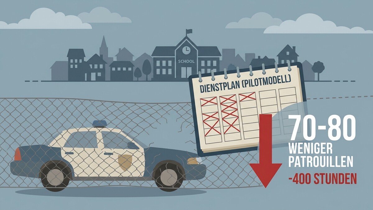 Polizeiauto hinter Zaun mit Dienstplan und Statistik zu weniger Patrouillen