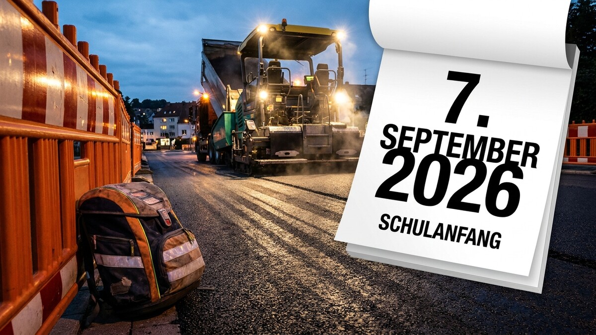 Schulanfang 7. September 2026, Straßenbauarbeiten mit Asphaltfertiger und Baustellenabsperrung