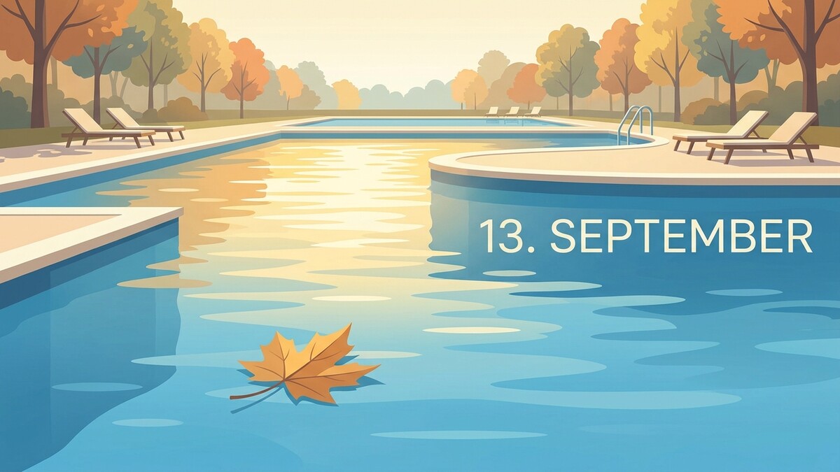 Herbstlaub im Pool mit Liegestühlen und der Aufschrift 13. September