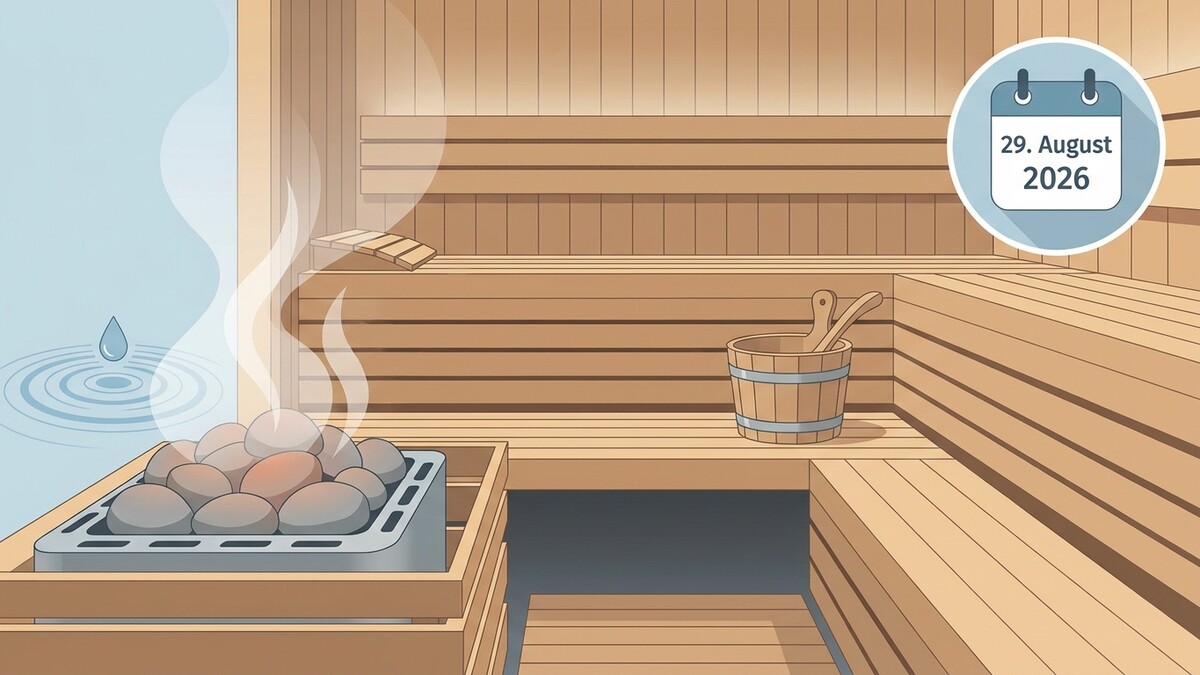 Sauna mit Aufgusssteinen, Holzeimer und Kalenderblatt 29. August 2026