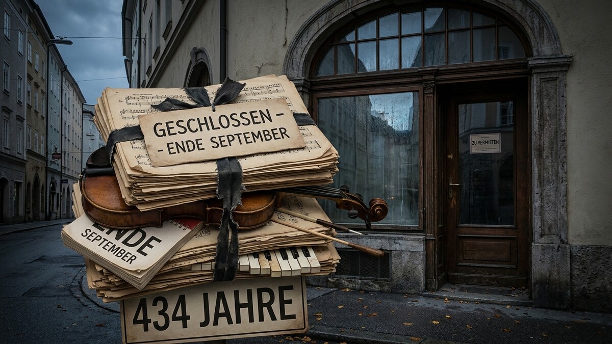 Notenstapel mit Geige und Klaviertasten, Schild "Geschlossen - Ende September" vor Geschäft in Österreich
