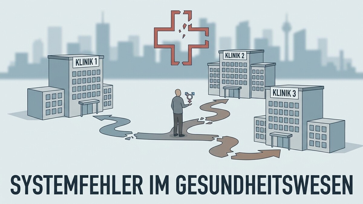 Systemfehler im Gesundheitswesen: Mann mit Symbolen steht vor zerbrochenem Kreuz und drei Kliniken