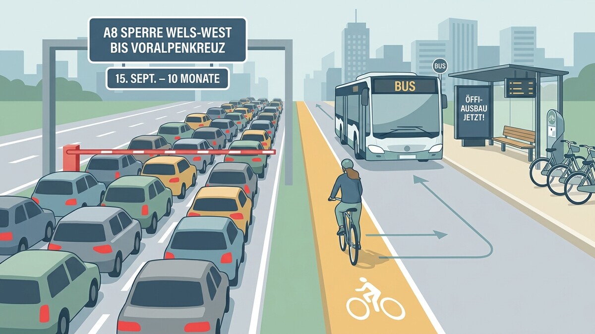 Stau auf A8 Sperre Wels-West bis Voralpenkreuz; Radfahrerin nutzt Fahrradweg; Bus fährt bei Haltestelle.