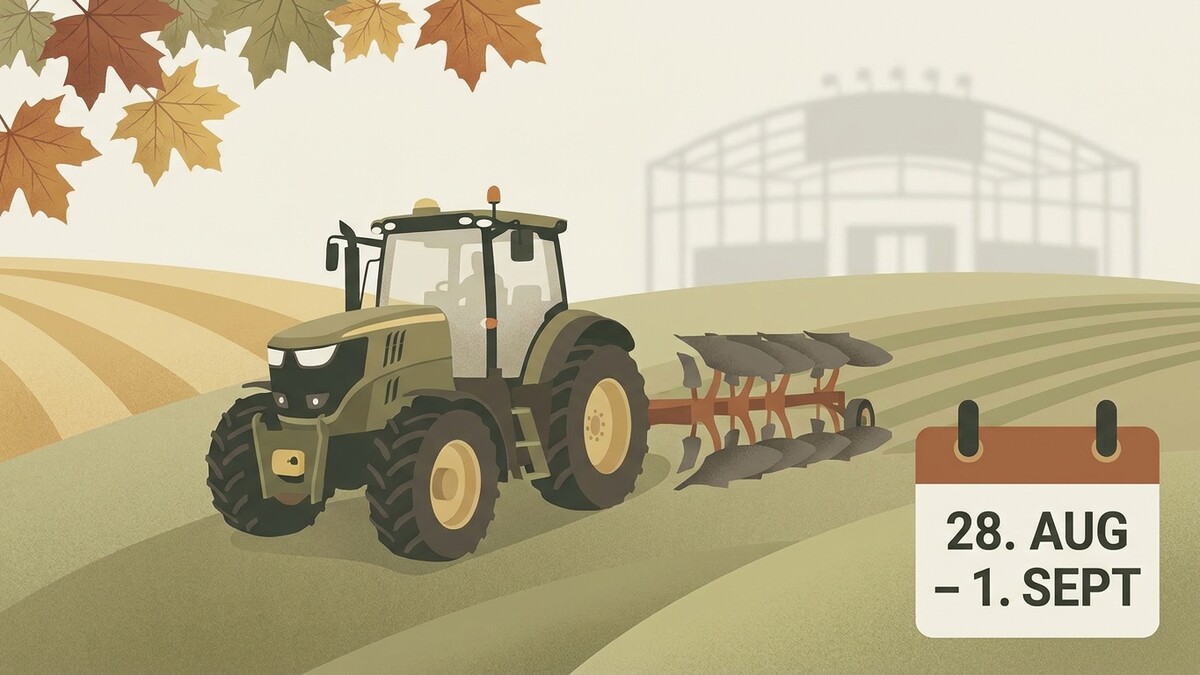 Traktor mit Pflug auf einem Feld vor einem Gebäude, Kalender mit 28. August – 1. September
