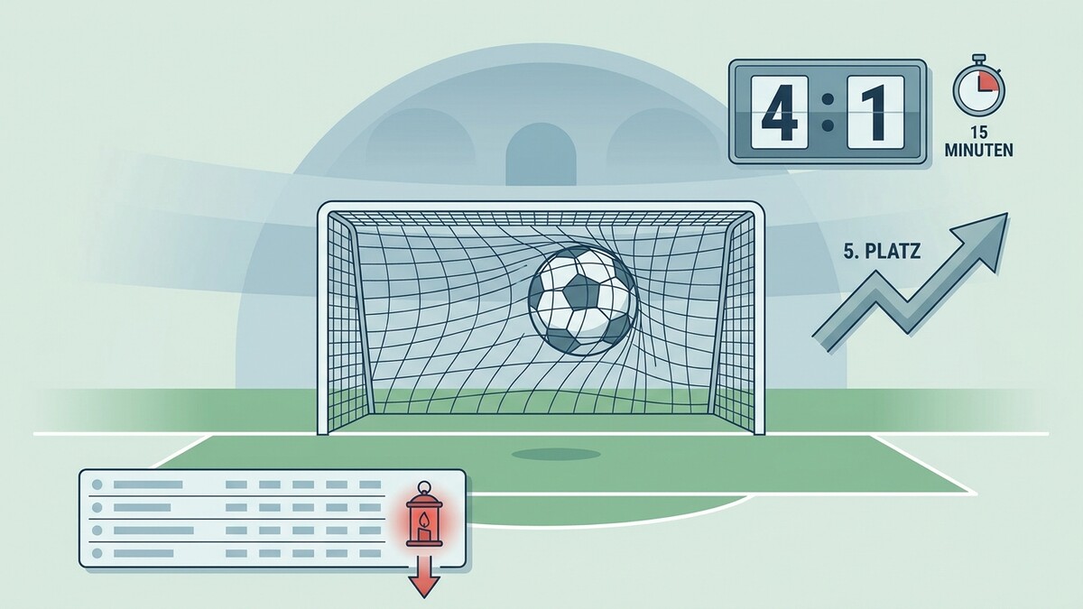 Fußballtor mit Ball, Anzeigetafel 4:1, Stoppuhr und Rangliste