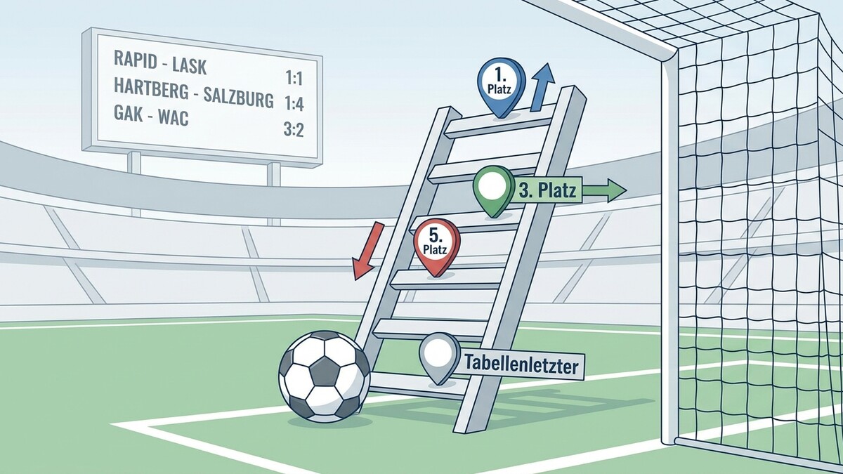 Fußballstadion mit Anzeigetafel und einer Leiter, die Tabellenplätze symbolisiert.