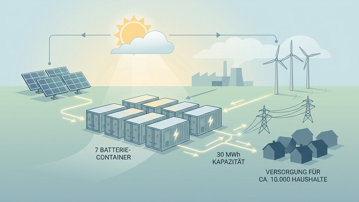 Batteriespeicher versorgen Haushalte mit Strom aus Sonne und Wind