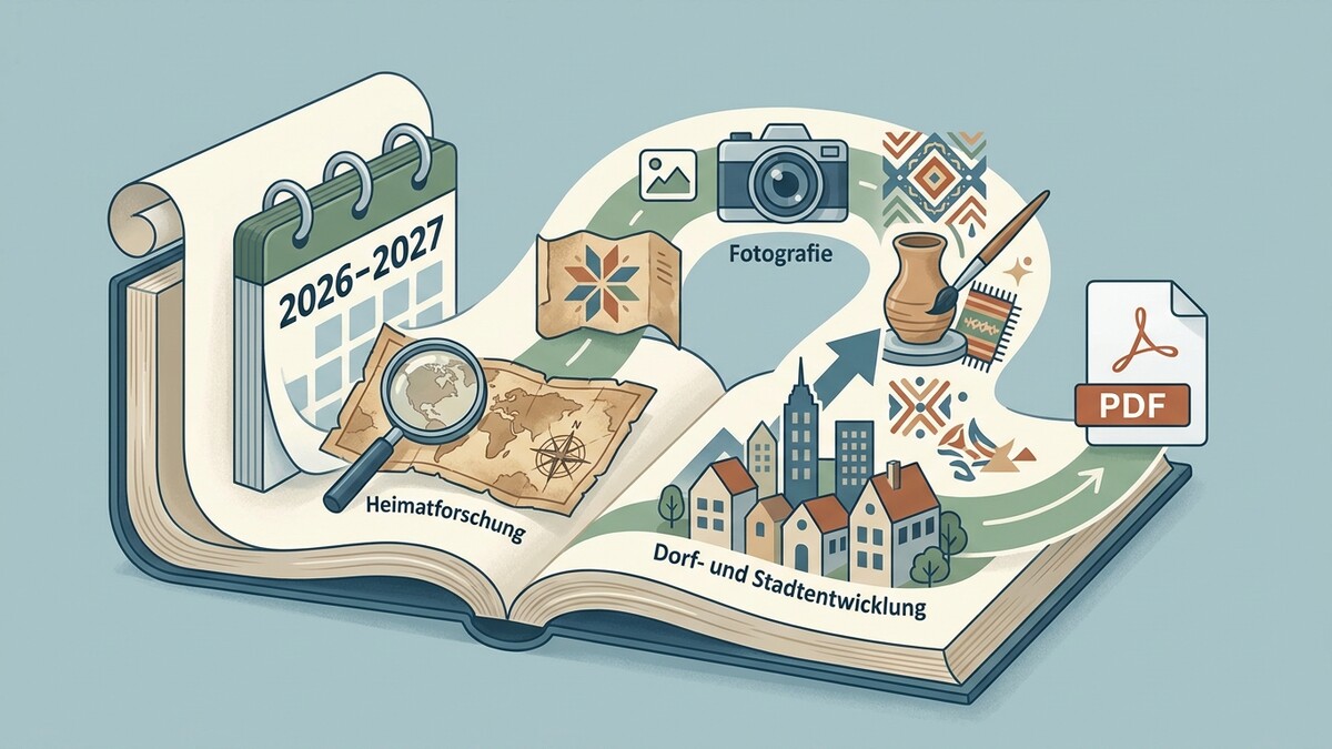 Heimatforschung, Dorf- und Stadtentwicklung, Fotografie und PDF-Dokumente in einer Buchillustration