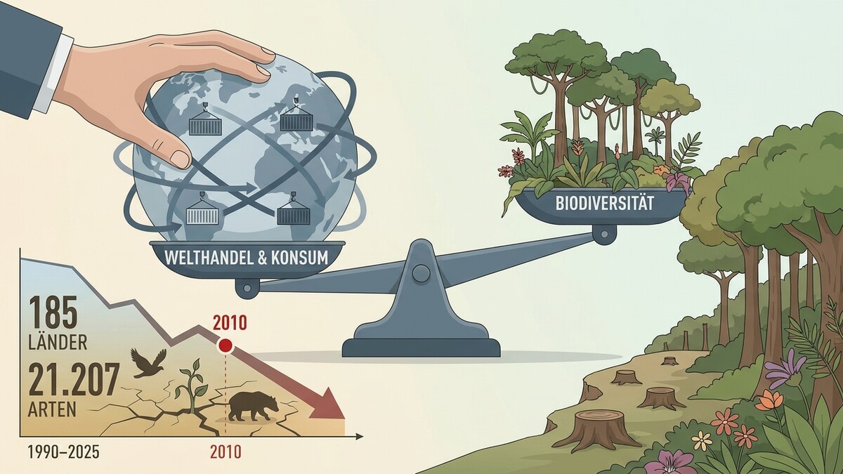 Welt Handel & Konsum und Biodiversität auf einer Waage mit Grafik zu Artenverlust