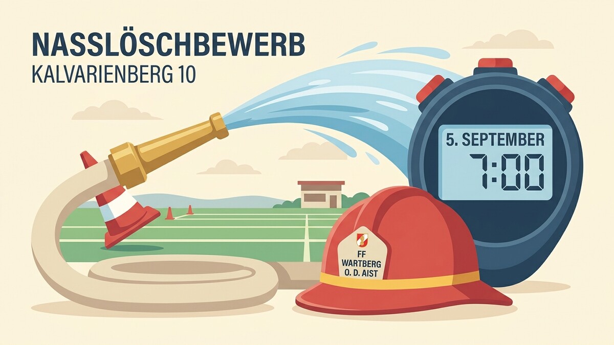 Nasslöschbewerb Kalvarienberg 10 mit Stoppuhr, Helm der FF Wartberg o. d. Aist und Wasserschlauch