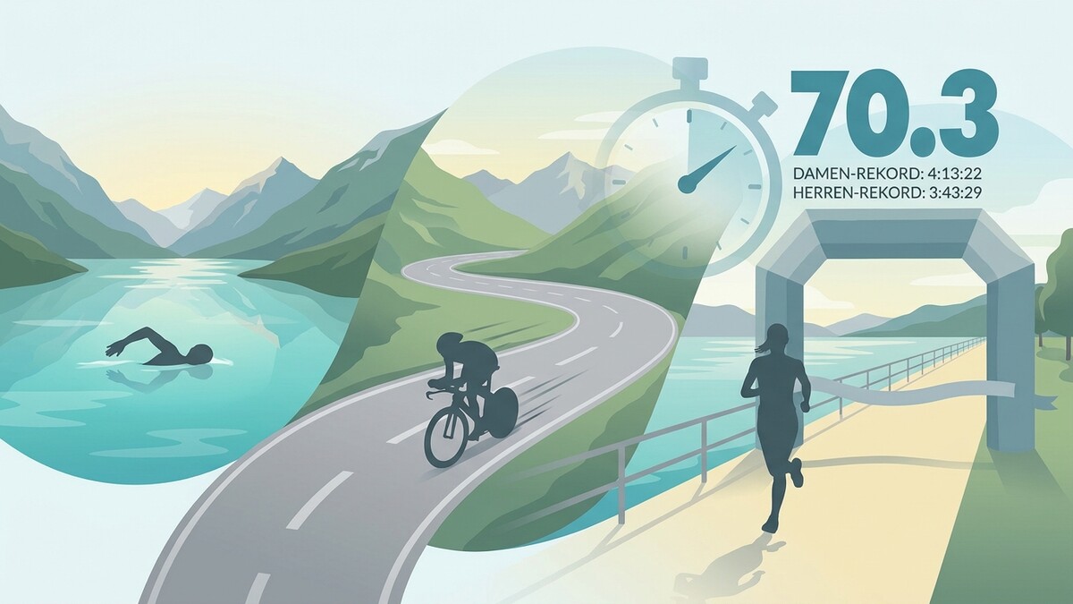 Triathlon-Distanz 70.3 mit Schwimmer, Radfahrer und Läuferin im Ziel