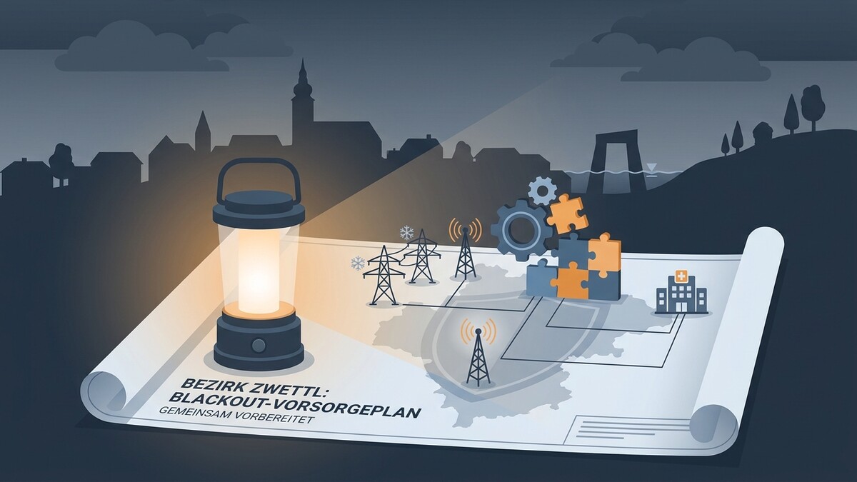Bezirks Zweettl Blackout-Vorsorgeplan: Laterne beleuchtet Karte mit Strommasten, Funkmast, Zahnrädern und Krankenhaus