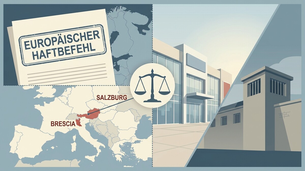 Europäischer Haftbefehl zeigt Salzburg und Brescia, Waage und Gerichtsgebäude