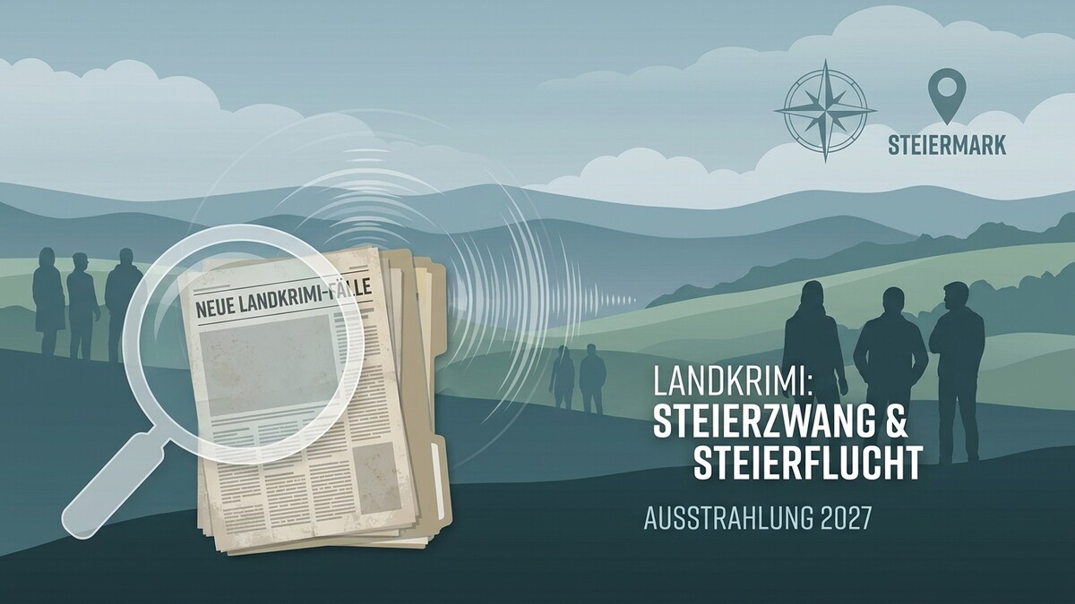 Steiermark: Landkrimi Steierzwang & Steuerflucht mit Lupe auf Zeitung und Silhouetten