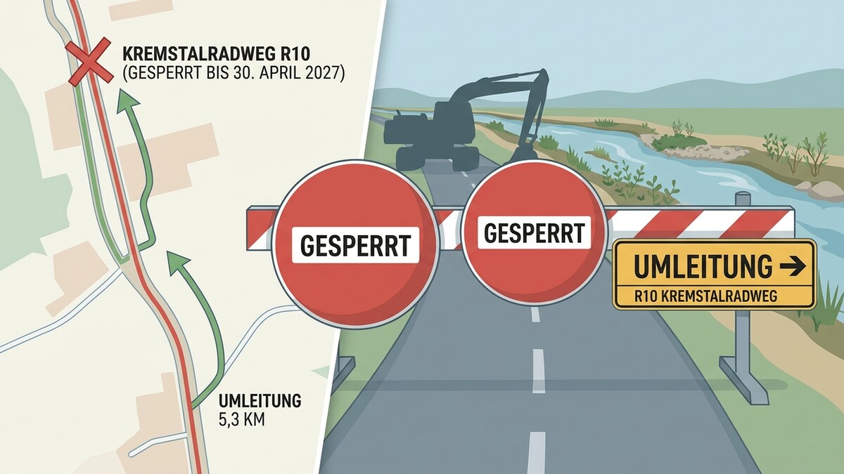 Kremstalradweg R10 gesperrt bis 30. April 2027 mit Umleitung und Baustelle