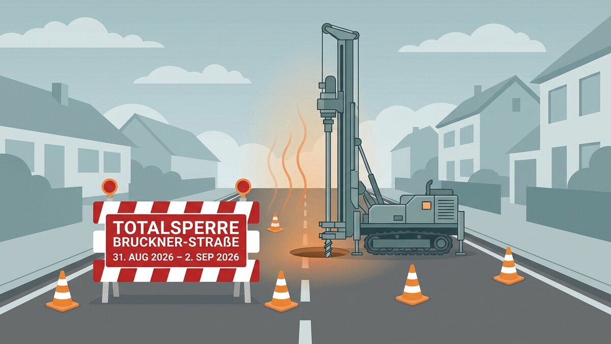 Bohrgerät bohrt Loch auf Bruckner-Straße, Total-Sperre bis 2. Sep 2026