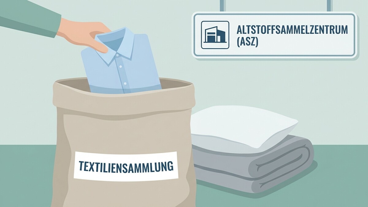 Textiliensammlung am Altstoffsammelzentrum (ASZ) mit Hemd in Sack und gefalteten Decken.