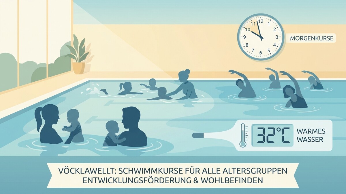 Schwimmkurse Vöcklawellt: Familien und Erwachsene im Wasser, 32°C warmes Wasser, Morgenkurse