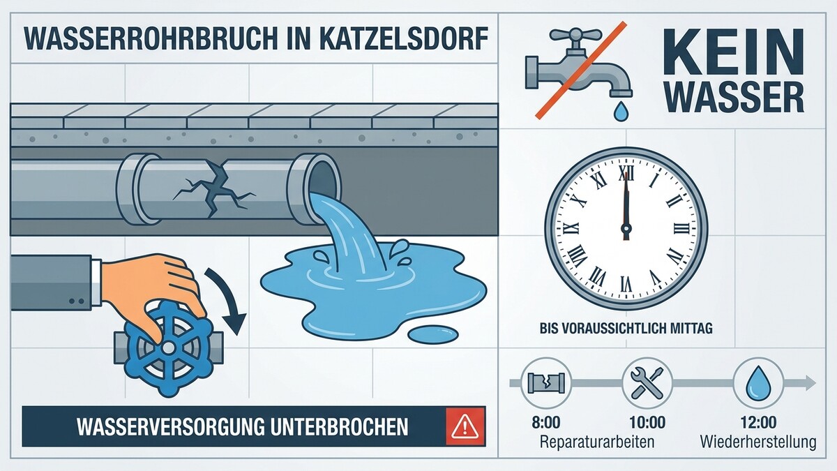 Wasserrohrbruch in Katzelsdorf: Wasserversorgung unterbrochen, Reparatur bis Mittag