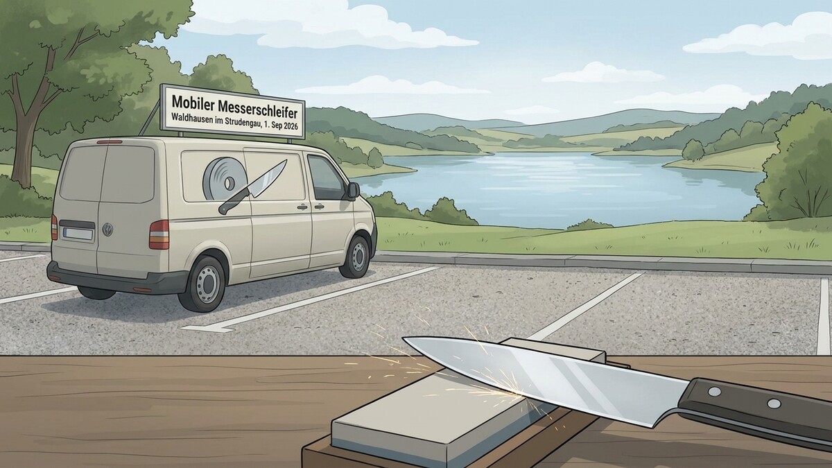 Messer schleifen vor einem Lieferwagen mit Aufschrift "Mobiler Messerschleifer" in Waldhausen im Strudengau.