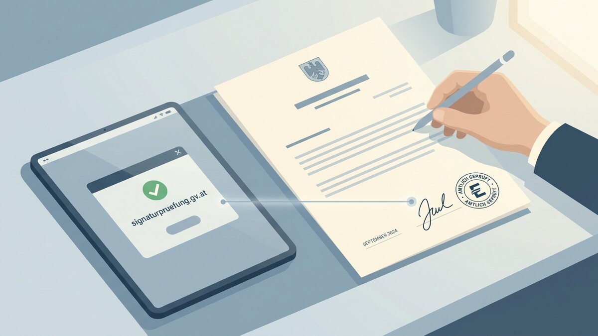 Digitale Signaturprüfung am Tablet und ein Dokument mit Siegel und Unterschrift