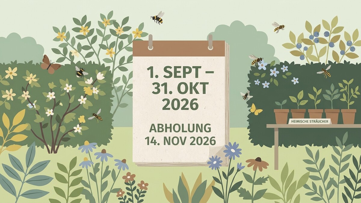Kalenderblatt mit 1. Sept. – 31. Okt. 2026 und Abholung 14. Nov. 2026 vor Gartenkulisse mit heimischen Sträuchern