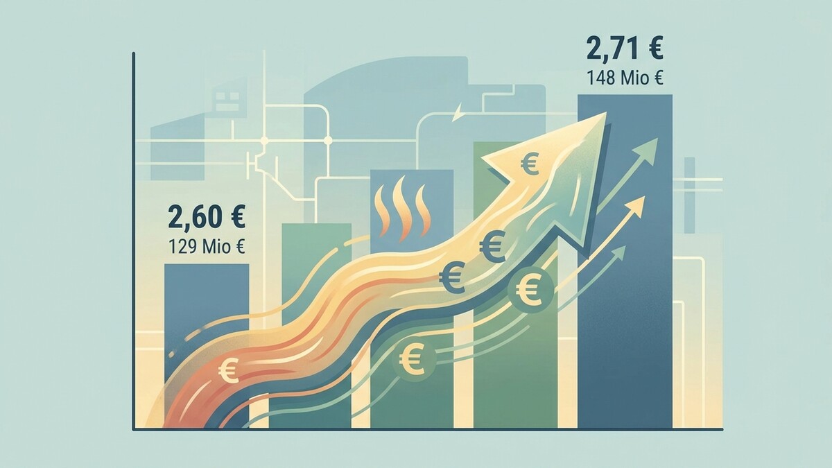 Wachstumsgrafik mit Euro-Symbolen und steigenden Balken zeigt 2,60 € und 2,71 €