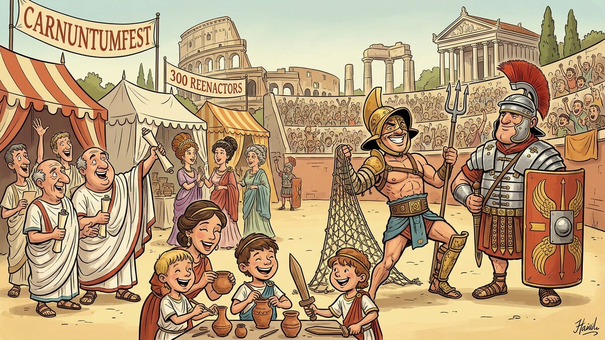 Carnuntumfest mit Gladiatoren und Zuschauern vor römischer Arena