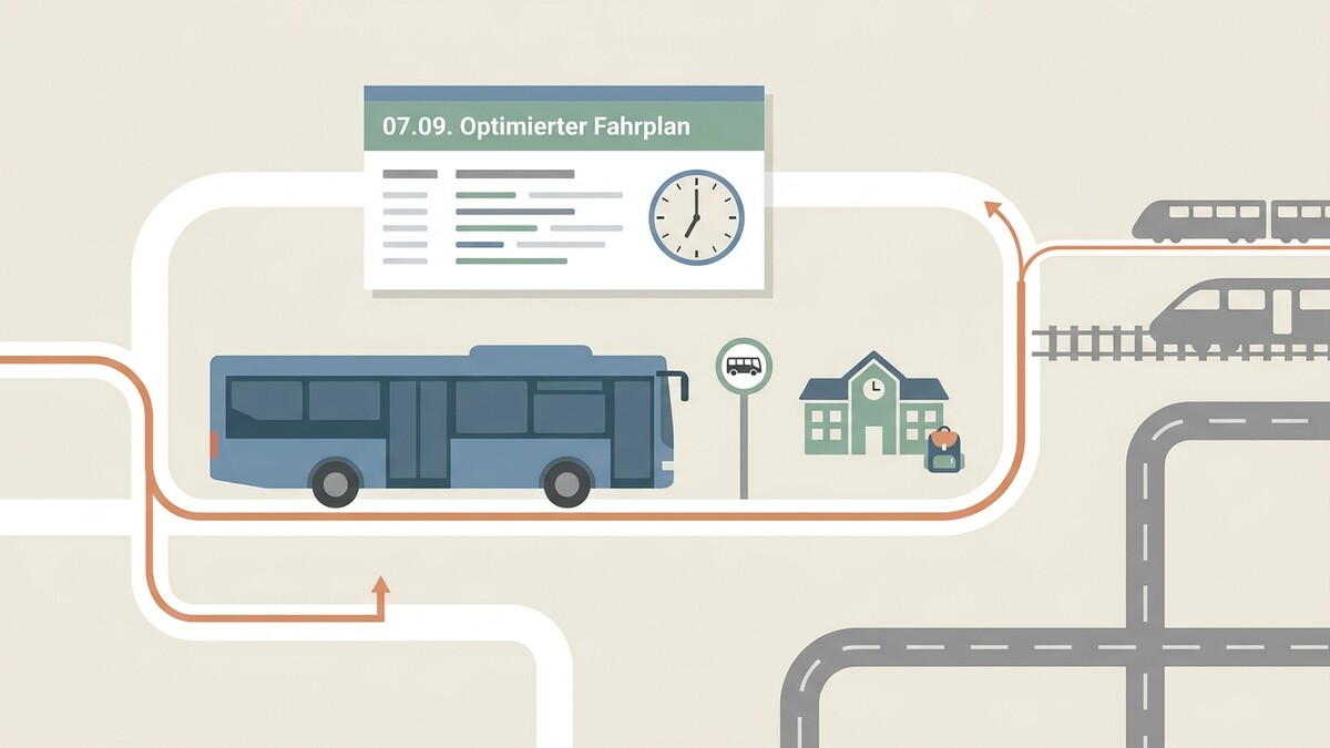 Fahrplan mit Bus, Zug und Bahnhof als Verkehrsmittel und Gebäude