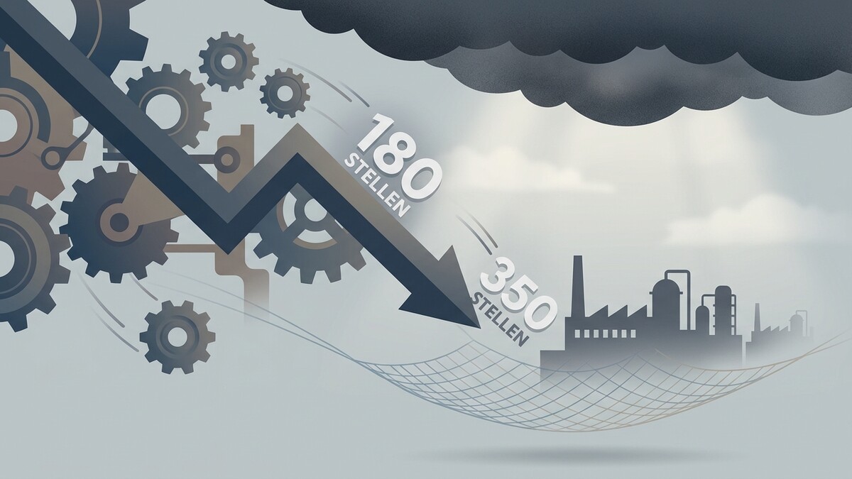 Industrie-Grafik mit Zahnrädern, Abwärtstrendpfeil und Fabriksilhouette.