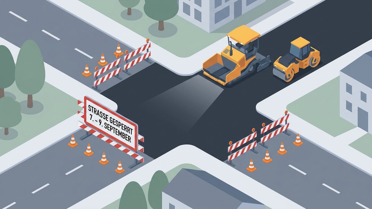 Straßensperre mit Schild "Strasse gesperrt" und Baumaschinen im Stadtgebiet