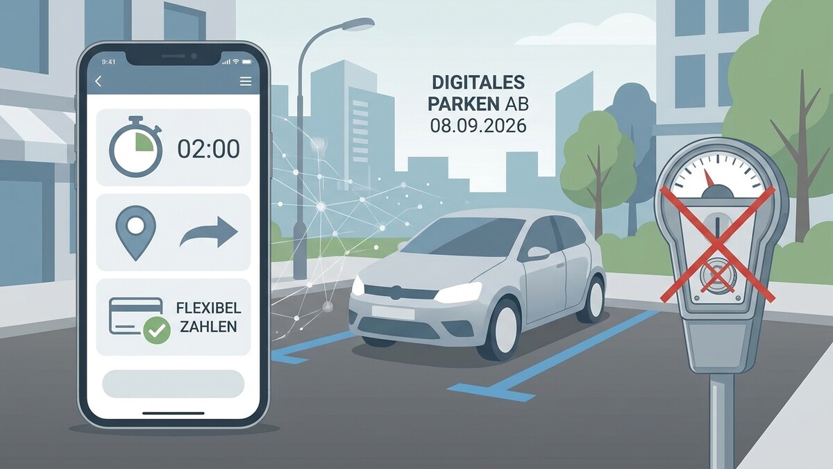 Digitales Parken in Österreich: Smartphone zeigt Park-App, Auto parkt, Parkscheinautomat durchgestrichen.