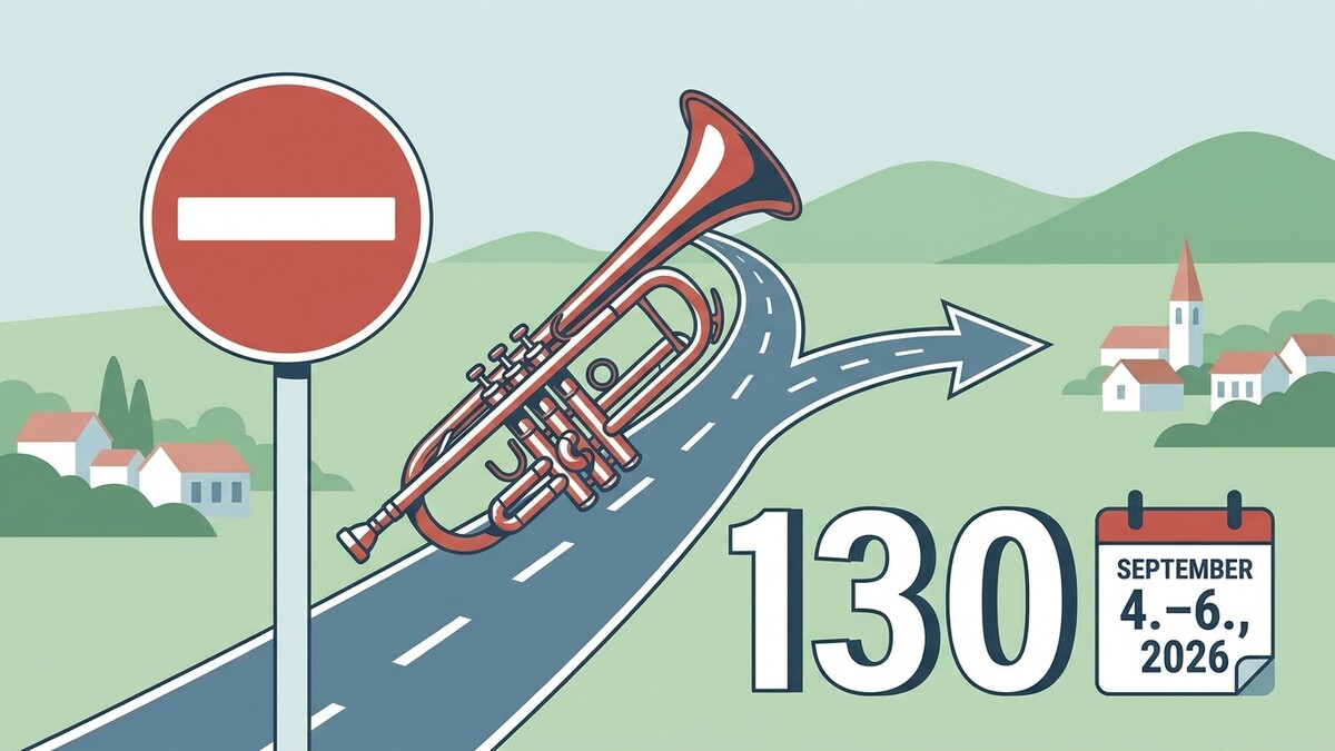 Trompete auf Straße mit Stoppschild und Kalender September 2026