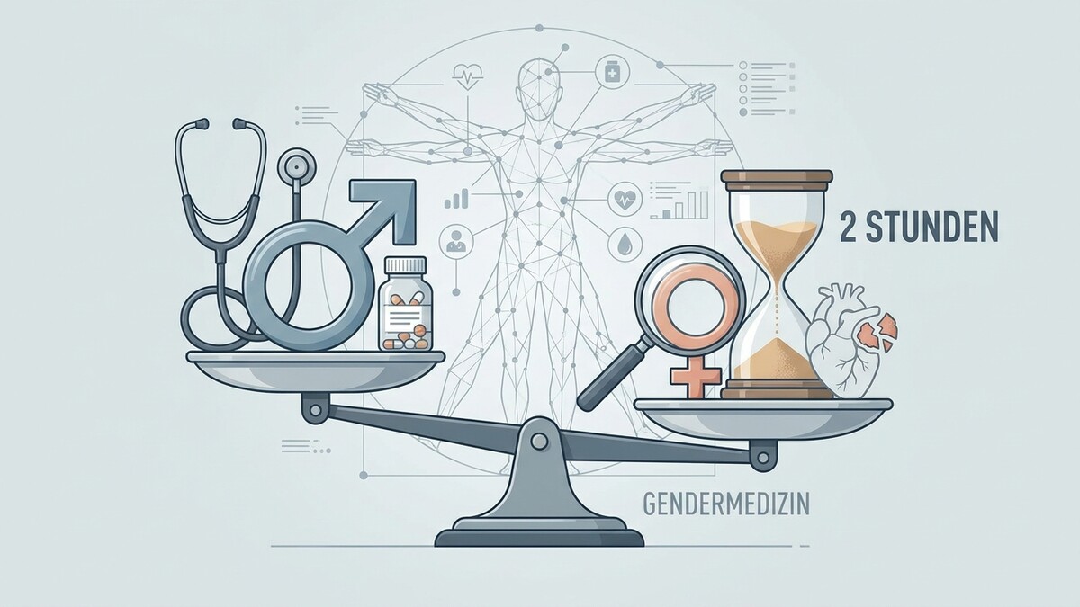 Gender-Medizin: Waage mit Stethoskop, Männer-Symbol, Pillen und Sanduhr, Herz