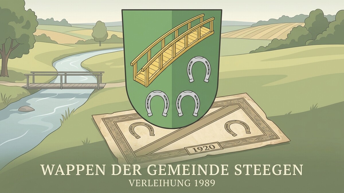 Wappen der Gemeinde Steegen mit Brücke und Hufeisen, verliehen 1989