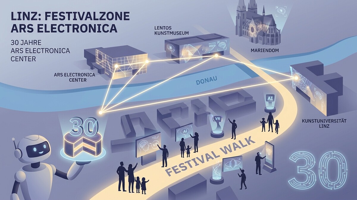 Linz: Festivalzone Ars Electronica mit Mariendom, Kunstuniversität und Donau