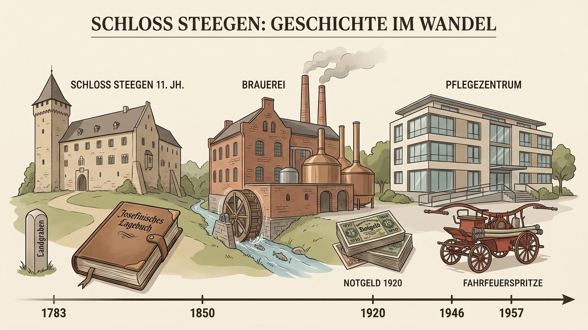 Schloss Steegen: Entwicklung vom Schloss zur Brauerei, Notgeld, Pflegezentrum und Feuerwehrspritze