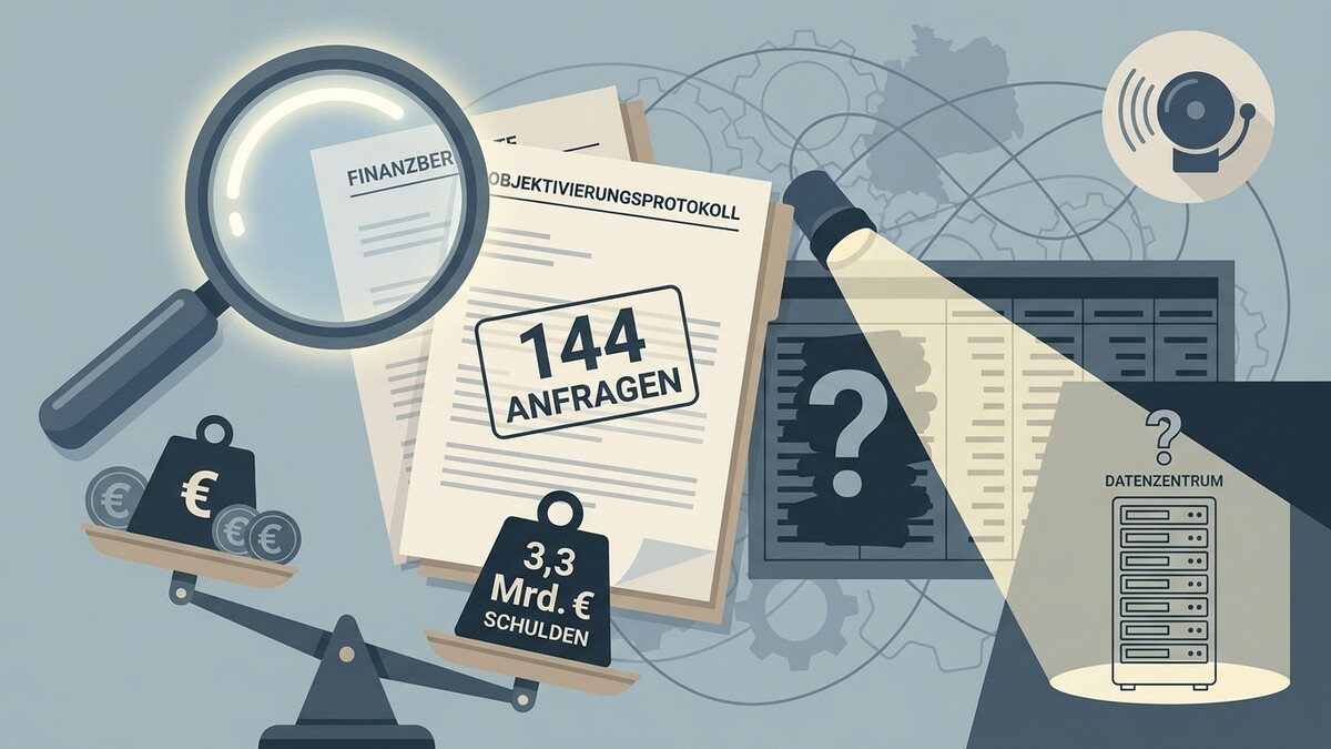 Finanzbericht und 144 Anfragen unter Lupe, Schulden auf Waage, Datencenter im Scheinwerferlicht