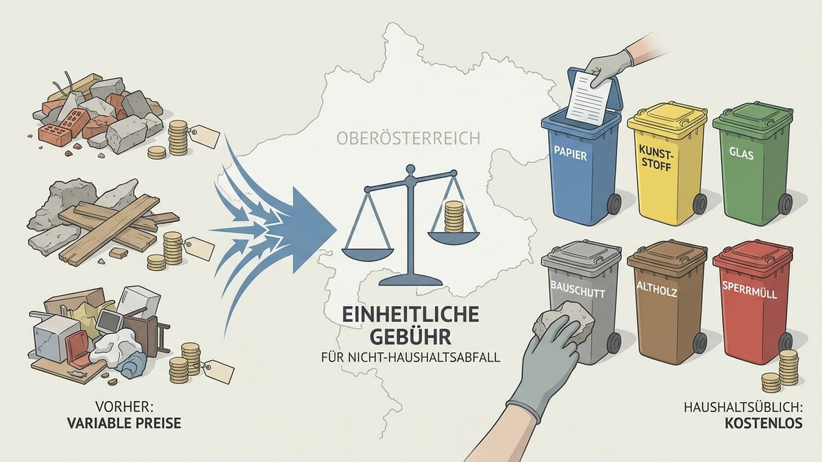 Einheitliche Gebühr für Nicht-Haushaltsabfall in Oberösterreich mit verschiedenen Mülltonnen