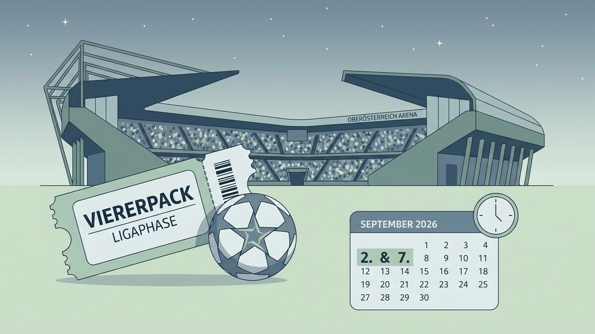 Fußballstadion Oberösterreich-Arena mit Tickets, Ball und Kalender September 2026