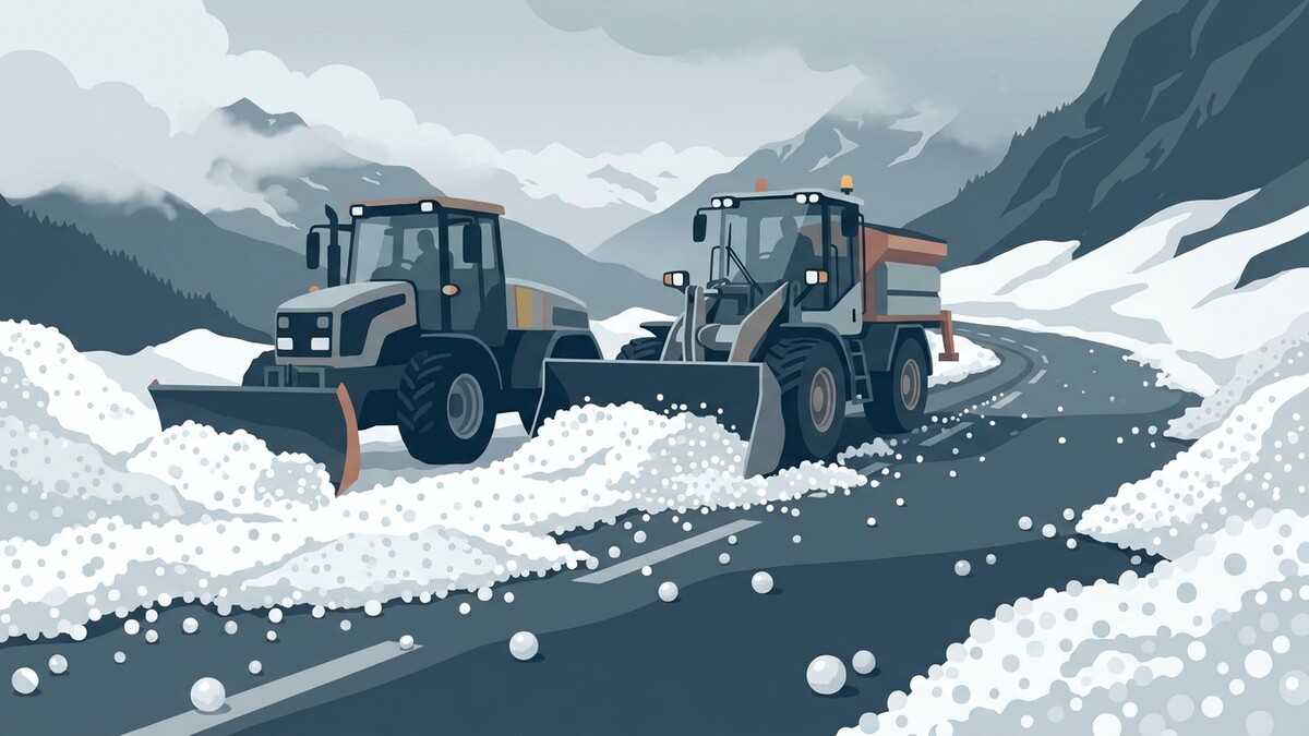 Schneepflüge räumen die Straße in den Alpen, zwei Traktoren mit Schneeschildern im Einsatz