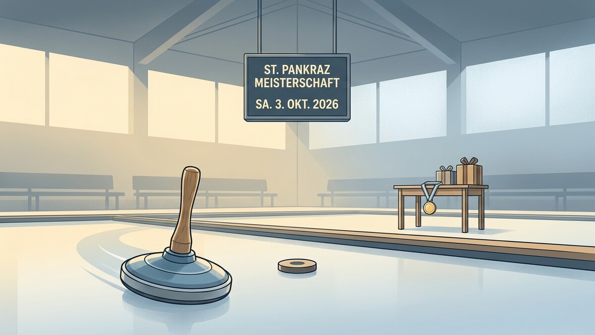 Curling-Eis mit Stein, Medaille und Geschenken, St. Pankraz Meisterschaft am 3. Okt. 2026