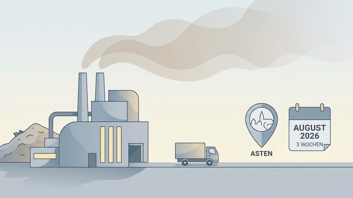 Industrieanlage mit Rauch, LKW und Kalender (August 2026) in Asten